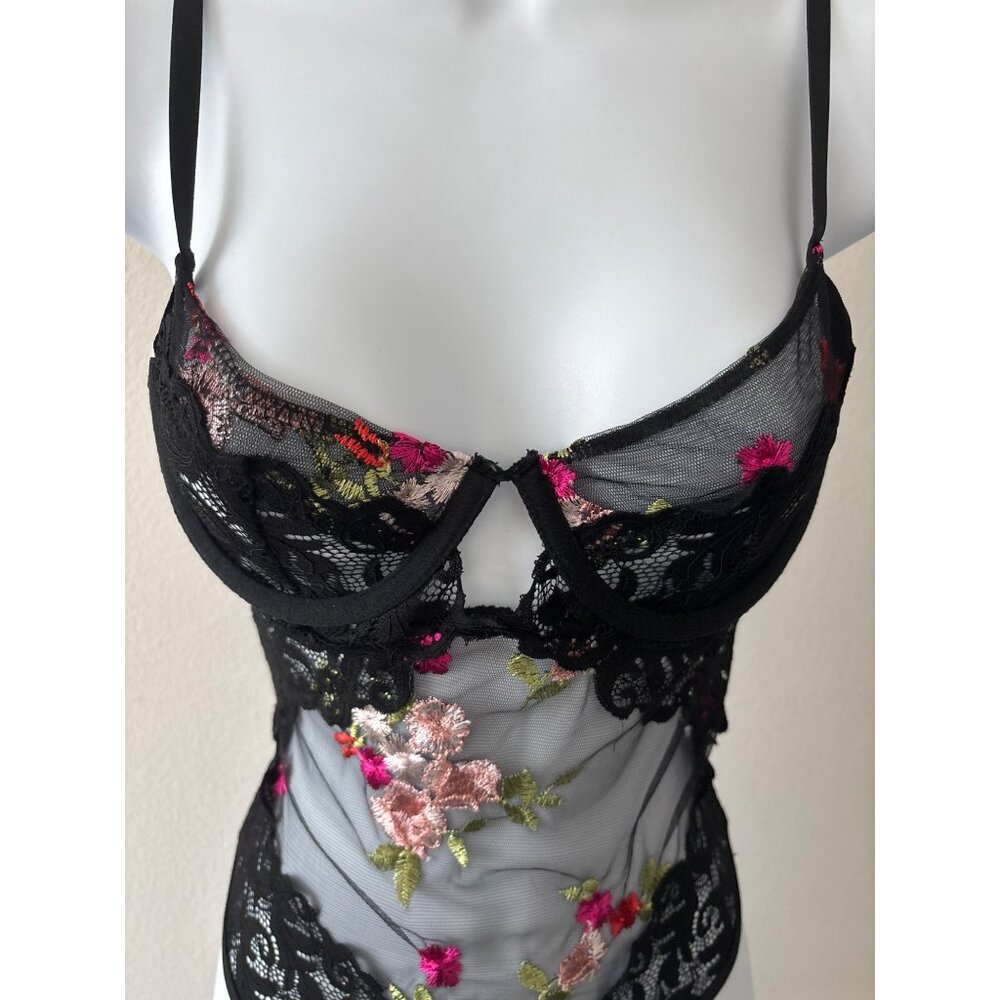 Y2K Bodysuit Small Sheer Lace Floral Embroidered Black Mesh Open Back Lingerie - Picture 9 of 16